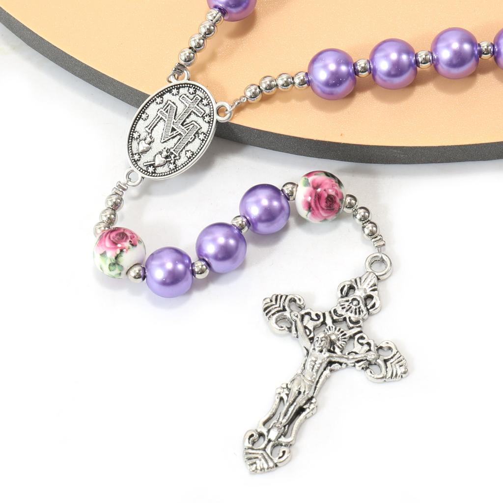Nazareth Store Purple Pearl Bead Rosary FlowerMetal Necklace Beads Miracle Medal & Cross Rosary Unisex, 1.6" X 0.6" X 21.30", Zinc, No Gemstones.