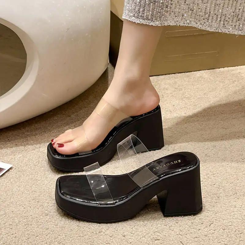 WTEMPO High Heel Sandalen Damen Sommer Dicke Weiche Sohle Einzigartiges Transparentes Obermaterial Design Aprikosenfarbene Sohle Dicker Absatz Atmungsaktive Mode Vielseitige Slipper