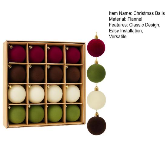 16Pcs Velvet Christmas Ornaments 6/8cm Flocked Ball Set Elegant Xmas Tree Decorations for Festive Atmosphere
