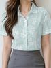 Gentle blue floral printed shirt for women, short-sleeve loose lapel design, niche vacation style top