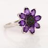 Amethyst Flower Ring, 925 Sterling Silver Black Spinel Cluster Statement Floral Jewelry