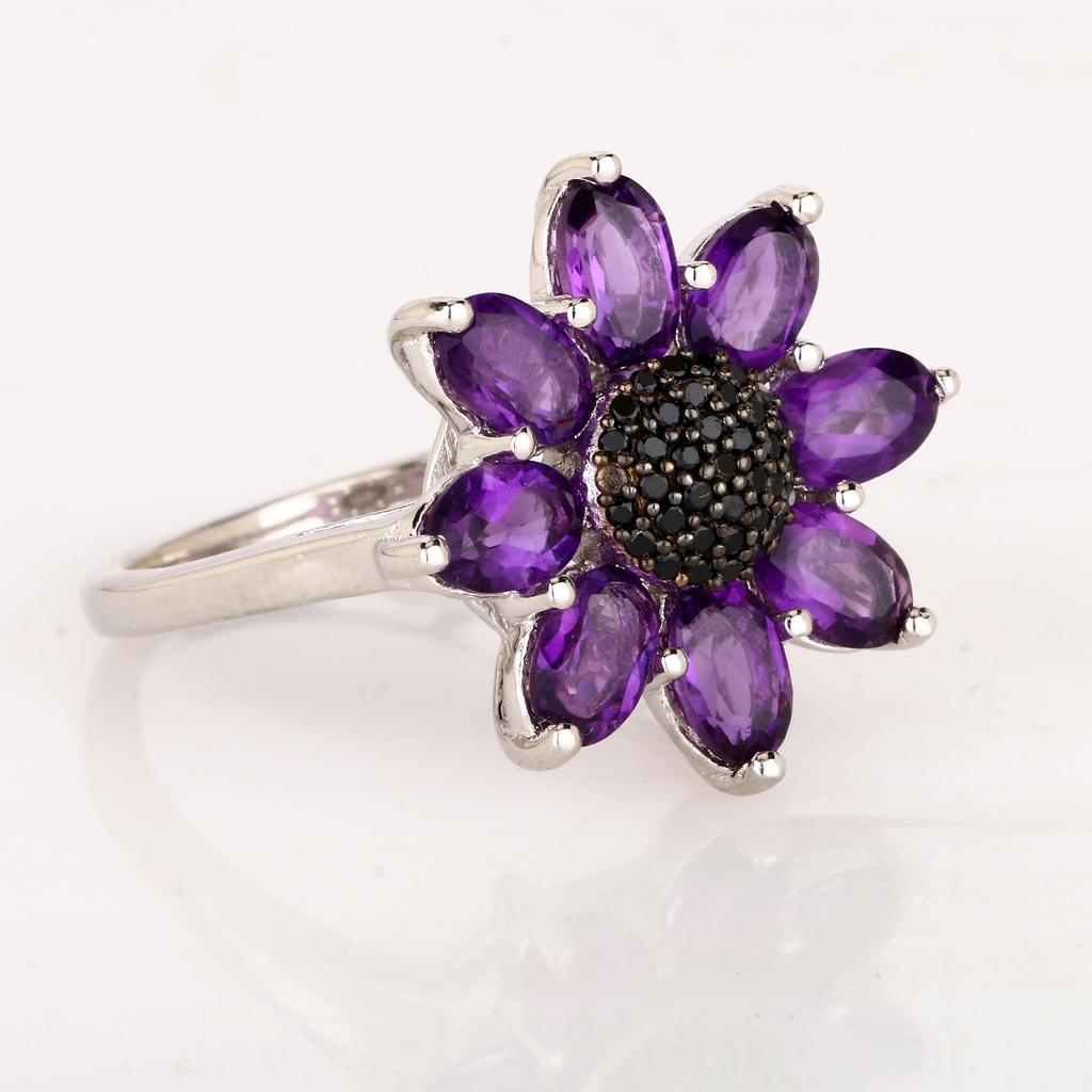 Amethyst Flower Ring, 925 Sterling Silver Black Spinel Cluster Statement Floral Jewelry