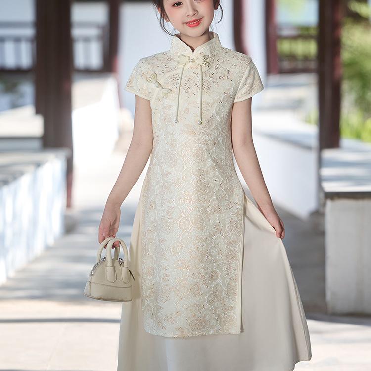 Girls' Chinese Style Evening Dress - Summer Cheongsam for Performances and Birthdays.