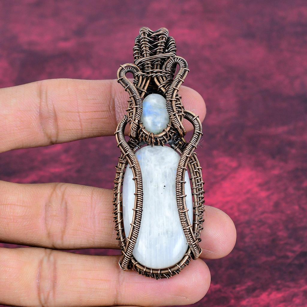 Rainbow Moonstone Pendant Copper Wire Wrapped Handmade Jewelry Gemstone Pendant