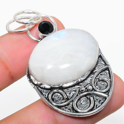 Natural Rainbow Moonstone, Spinel 925 Sterling Silver Gift Pendant 2.05" z5F27