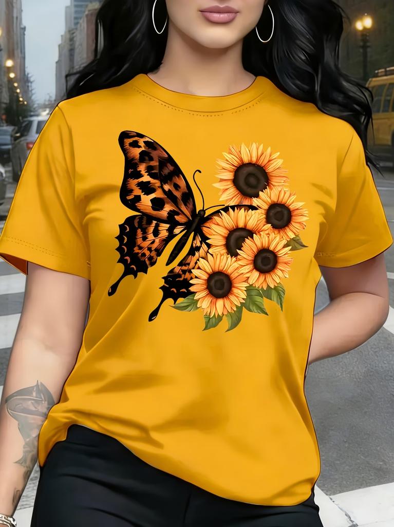 Women's Sparkling Rhinestone Butterfly T-Shirt Blue Green Glitter Print Tee Casual Crew Neck Short Sleeve Top Plus Size T Shirts