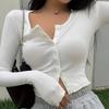 Women Solid Color Slim Fit Button Long Sleeve Cardigan Base T Shirt Top