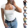 Damen Quadratischer Ausschnitt Raffung Kurze Ärmel T-Shirt Schlanke Passform Dehnbar Lässiges Oberteil Weicher Stoff Stilvolles Design