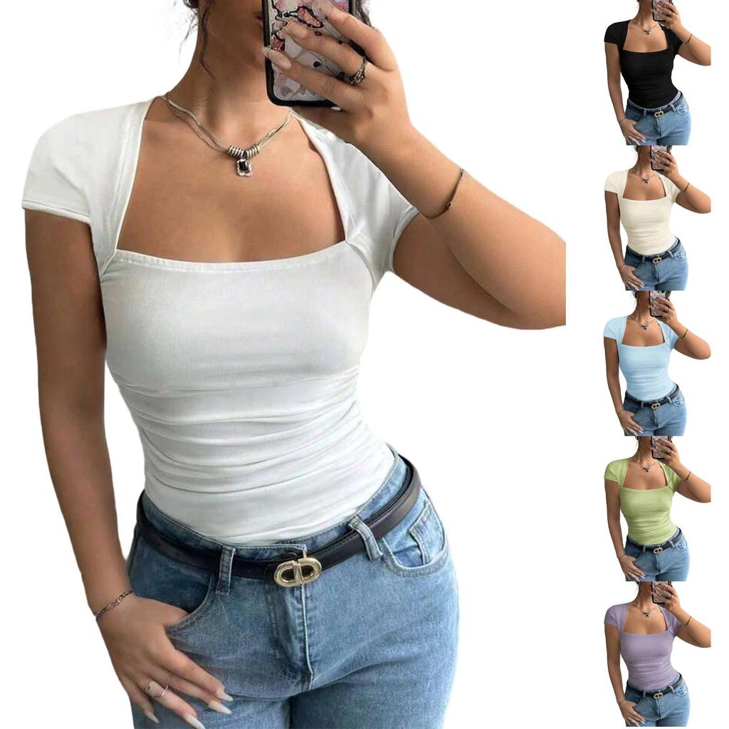 Women Square Neck Ruched Short Sleeve T Shirt Slim Fit Stretchy Casual Top Soft Fabric Stylish Design