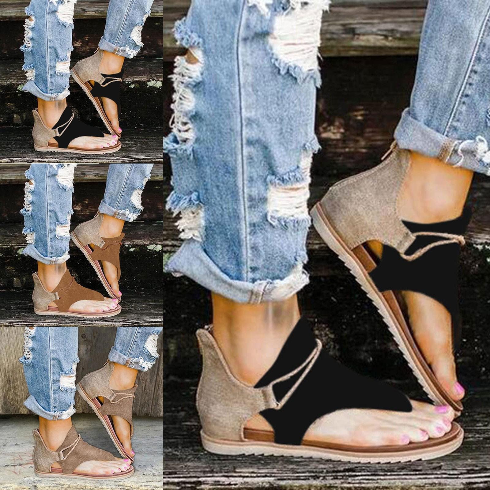 

Женские летние богемные сандалии в стиле ретро, ​​повседневные пляжные римские сандалии с Т-образным ремешком и открытым носком