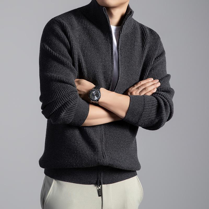 Men's Stand Collar Wool Cardigan Sweater - Casual Zipper Jacket for Autumn/Winter