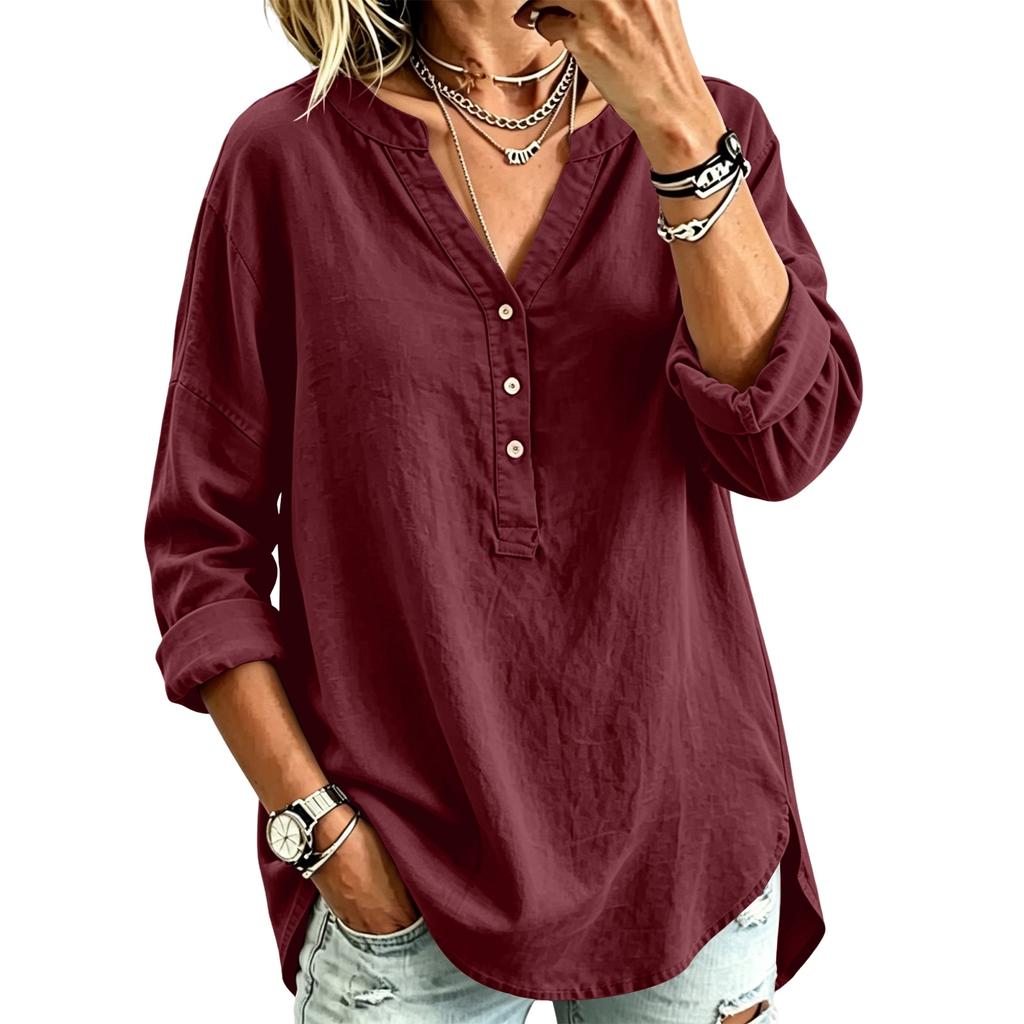 Chemise boutonnée décontractée à col en V pour femme, coupe ample, pour un usage quotidien