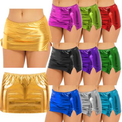 Women Fashion Metallic Faux Leather Split Skirt Night Club Pole Dancing Low Waist Elastic Waistband Miniskirt