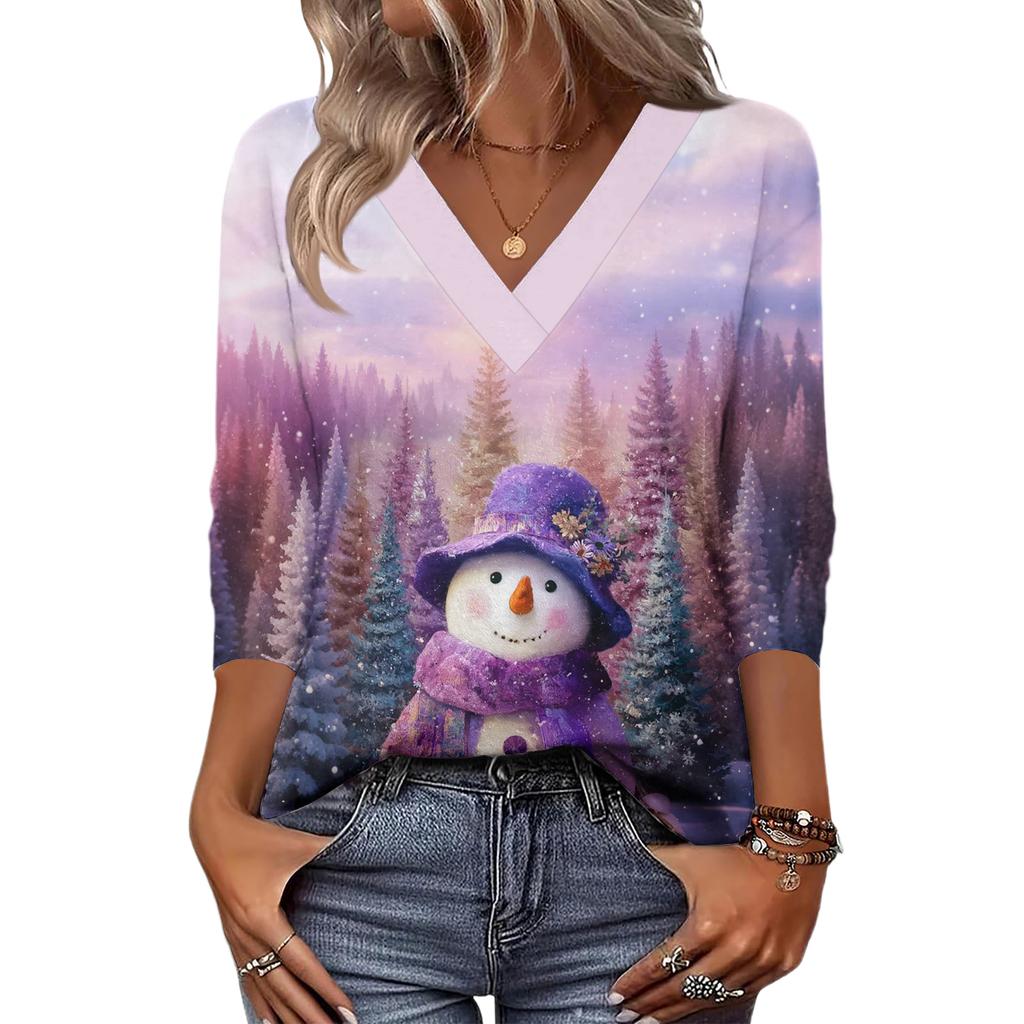 Women's Loose Comfortable Casual Fashion V-Neck Christmas Print 3/4 Sleeve Top