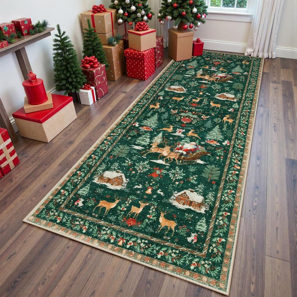 Christmas American Retro Carpet Living Room Long Corridor Elk Christmas Tree Pattern Entrance Porch Blanket Holiday Decoration