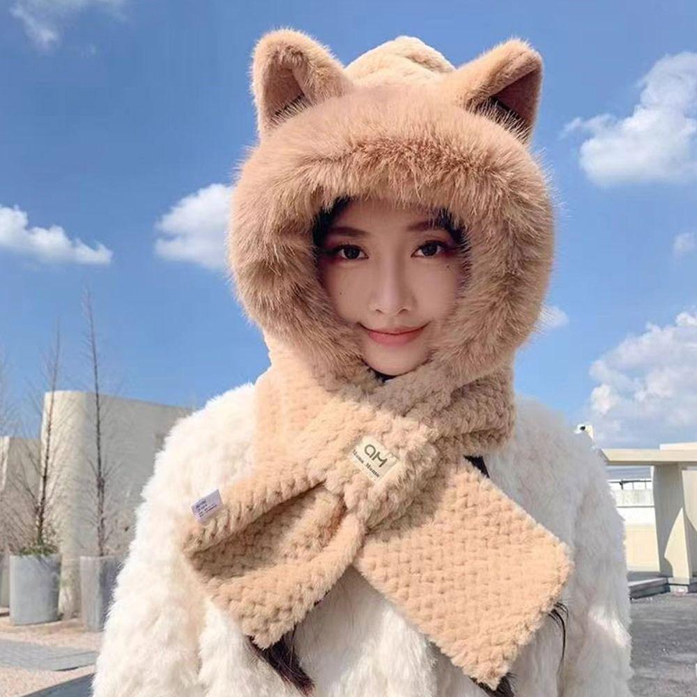 Plush Beanie Hat Scarf Thickening Ear Protection Cap Winter Scarf Set Hooded  Outdoor