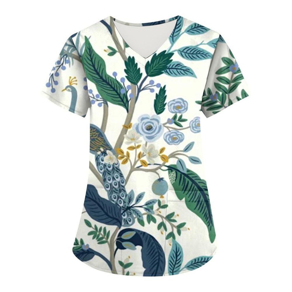 Women Nurse Uniform Floral 3D Print Tops V-Neck Pocket Medical Uniforms Nursing Short Sleeve T-shirt Tops Working Clothes