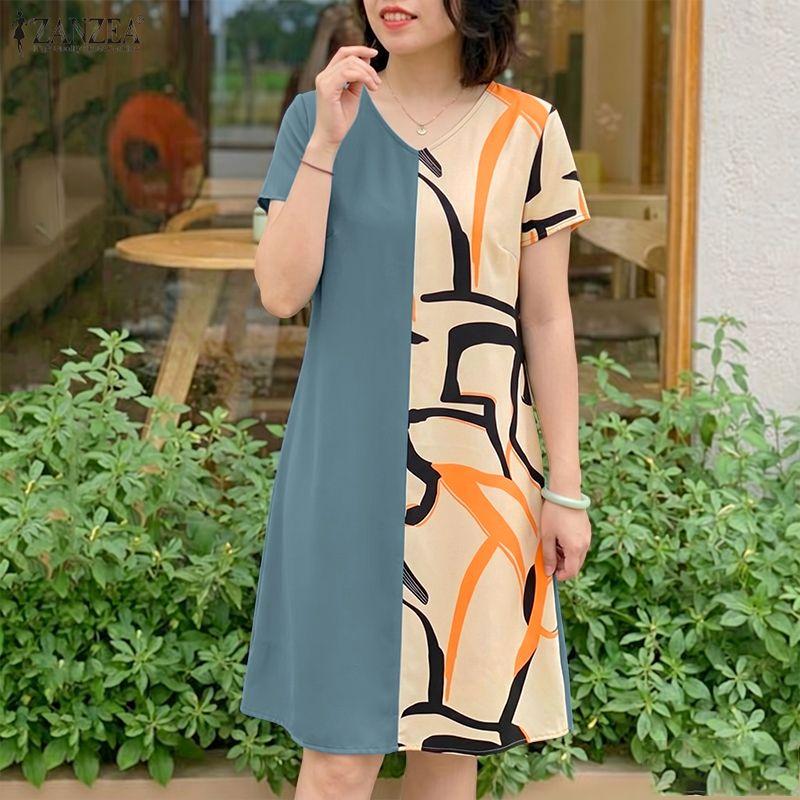 ZANZEA Women Casual V-Neck Short Sleeve Loose Print Patchwork Dress