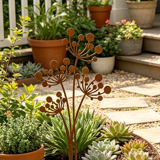 1/2 Stück Vintage Rostige Pusteblume Gartenstecker, Dekorative Metall-Pusteblume Hofkunst, Eisen-Pusteblumen-Beet-Schild für Außenrasen Terrasse Weg