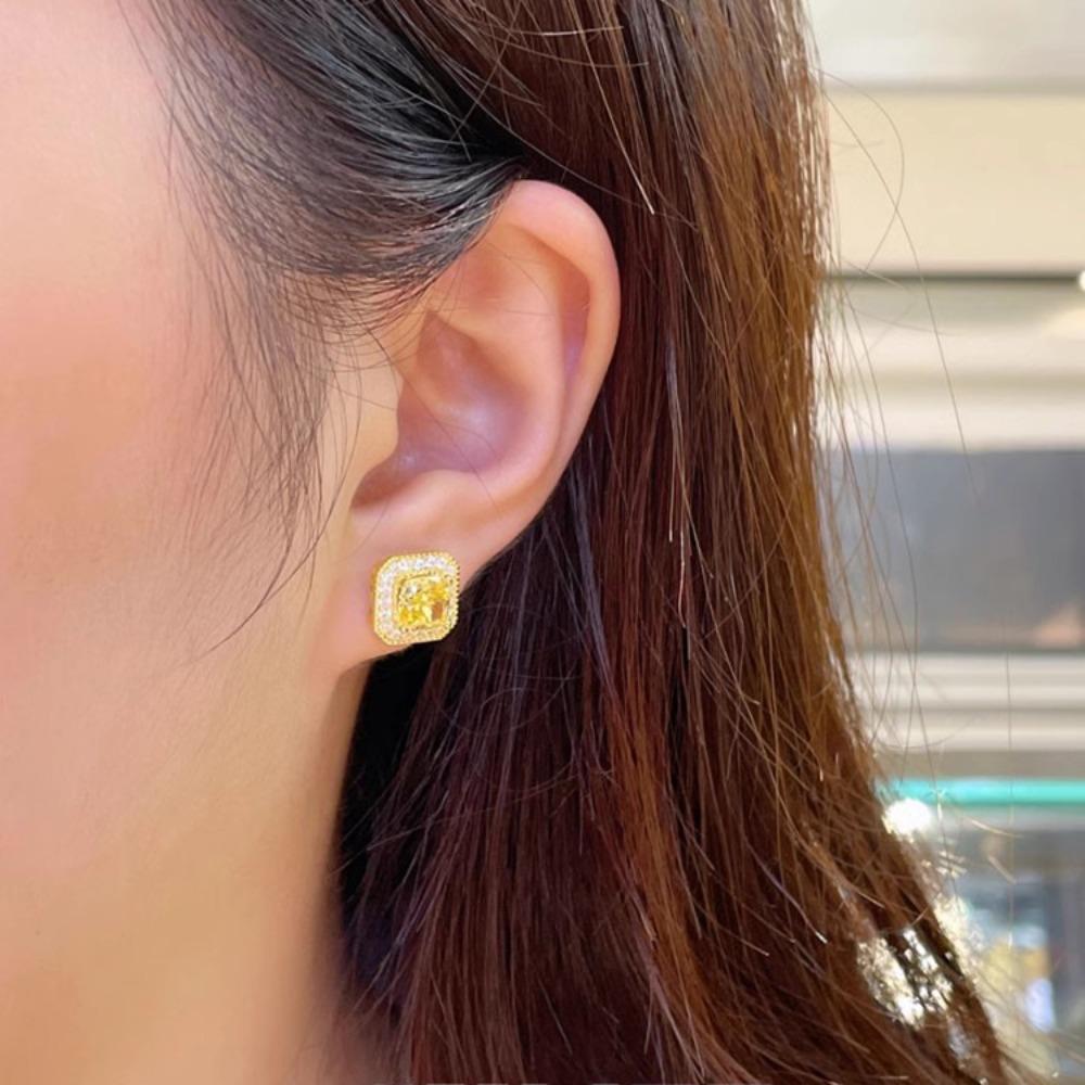 Elegant Women Jewelry Set Ice Cut Square Necklace Pink Diamond Pendant Yellow Gemstone Ring Earrings Fashion Accessories