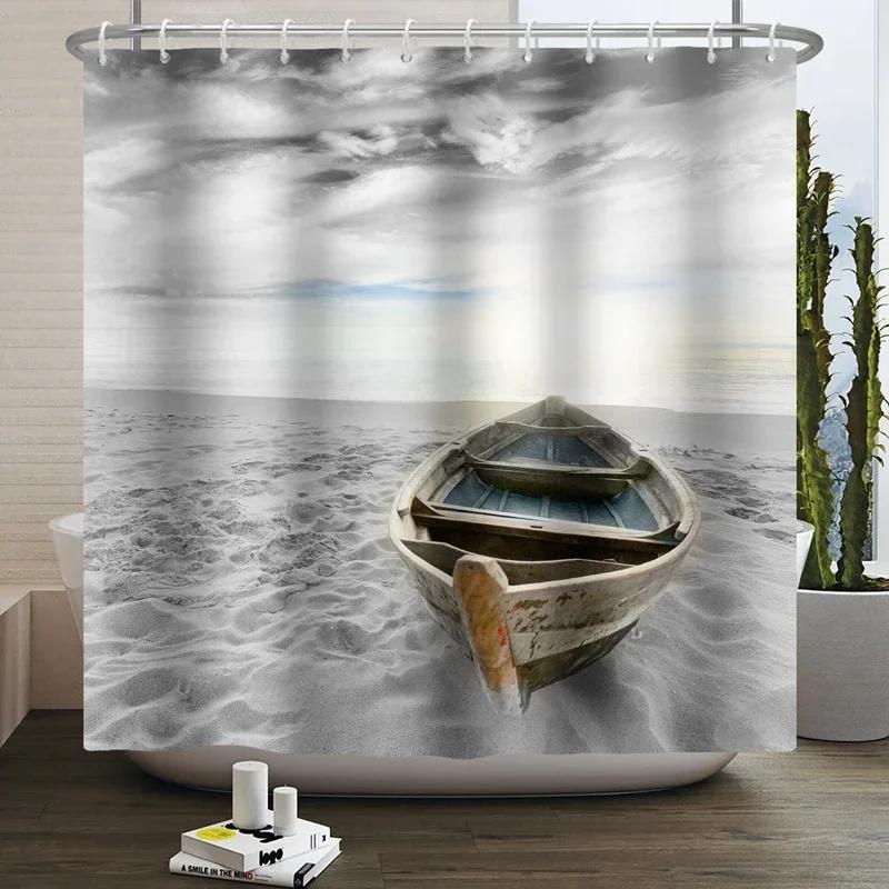 Summer Seaside Shower Curtains Ocean Beach View Coconut Trees Bath Curtain Polyester Fabric Bathroom Restroom Decor With Hooks