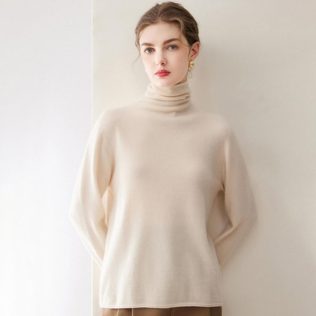 Women's Pure Cashmere High Neck Sweater with Rolled Hem