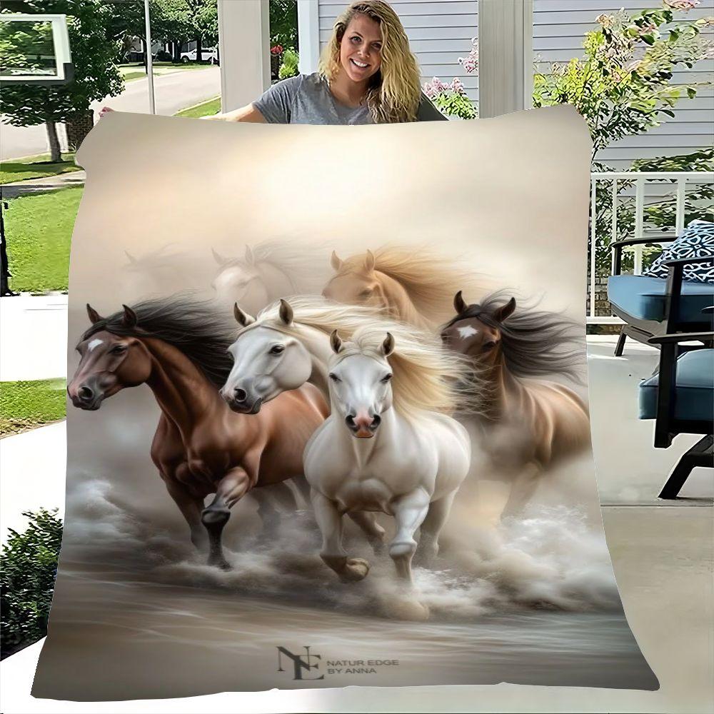 

Ethereal Galloping Horses Blanket - Dreamy Water-Infused Environment Design with Five Majestic Horses, Featuring a White Horse w 30x40in