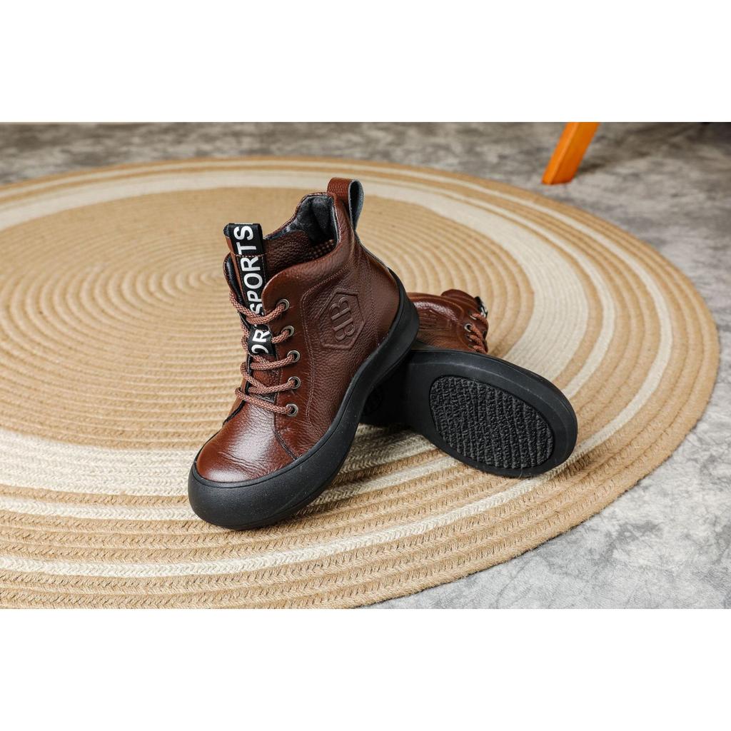 Autumn and Winter Genuine Leather Martin Boots with Velvet Warm and Comfortable Soft Bottom Non-slip Medium-old Sponge Cake