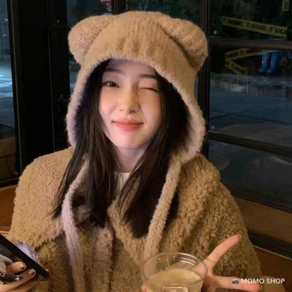 Warm Bear Ears Knit Hat Slouchy Plush Beanie Cap Cute Ear Protection Hat Cold Weather
