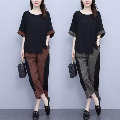 Women Summer Tracksuit 2 Piece Set O-Neck Casual Wear Soft Fashion Contrast Color Women Summer Sports Suit Women Clothing Plus Size
