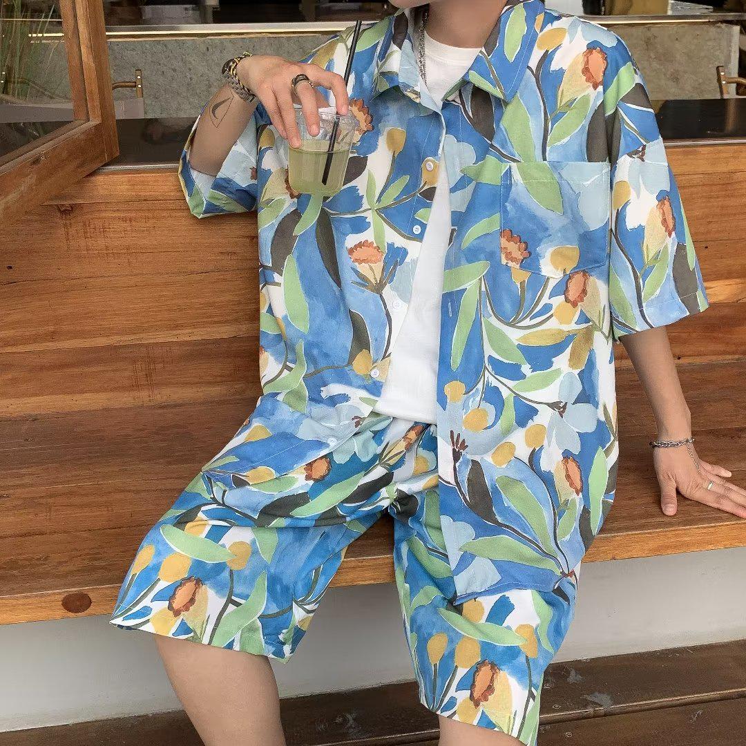 

Мужская модная рубашка с коротким рукавом в гавайском цветочном стиле для пар Large синий