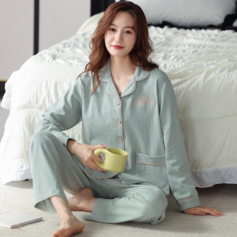 

Весна и осень хлопок с длинными рукавами тонкий комплект женский свободный удобный кардиган домашняя пижама 4XL зелёный