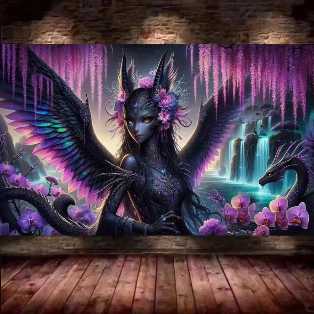 Purple Black Dragon Woman DIY Vibrant Colorful Orchid Flower 5D Full Diamond Painting Cross Stitch Kits Mosaic Embroidery