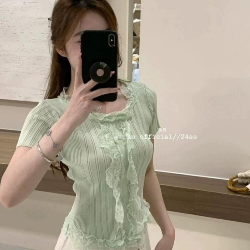 Women Summer Green Ruffle Trim Striped Short Sleeve Fitted Casual Blouse S зелёный