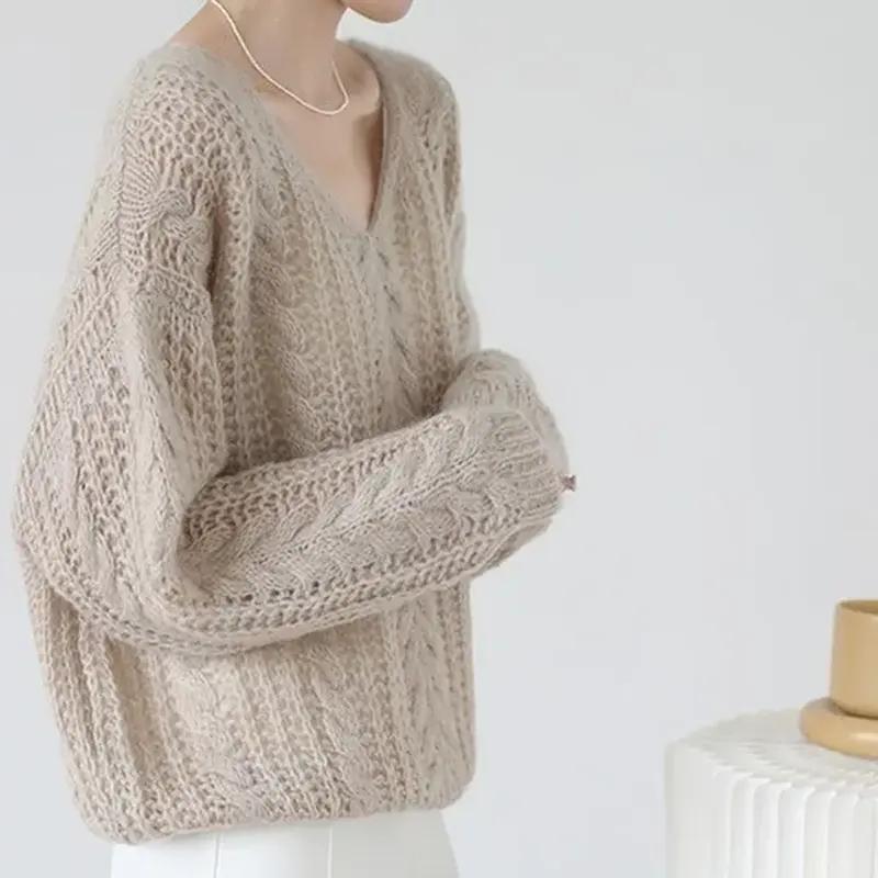 Sweater Pullovers Tops Women Long Sleeves Autumn Oversized Hollow-out V-Neck Loose Long Sleeve Pullover Tops