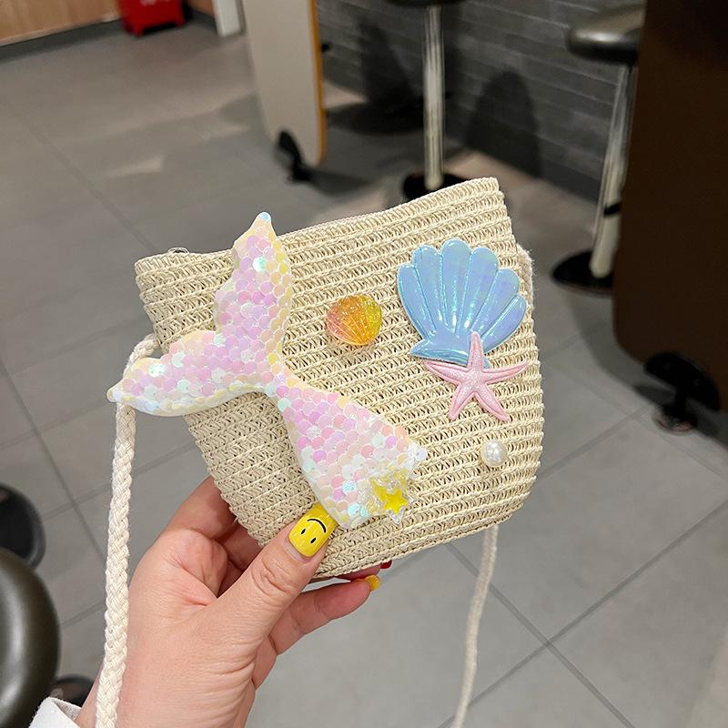 Children‘s Cute Crossbody Bag Rattan Straw Shoulder Bag Boho Beach Woven Handbag Purse Leather Messenger Bag