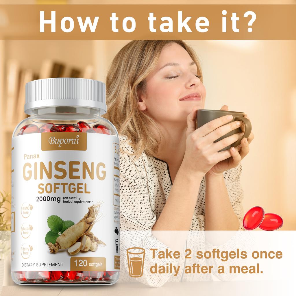 Buporai Ginseng Soft Capsules, containing 2000 mg, nutritional supplement, suitable for adults.