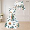 Women Plus Size Sleeveless Two Piece Midi Dress Set Tie Front V Neck 3 4 Sleeve Hiking Print White