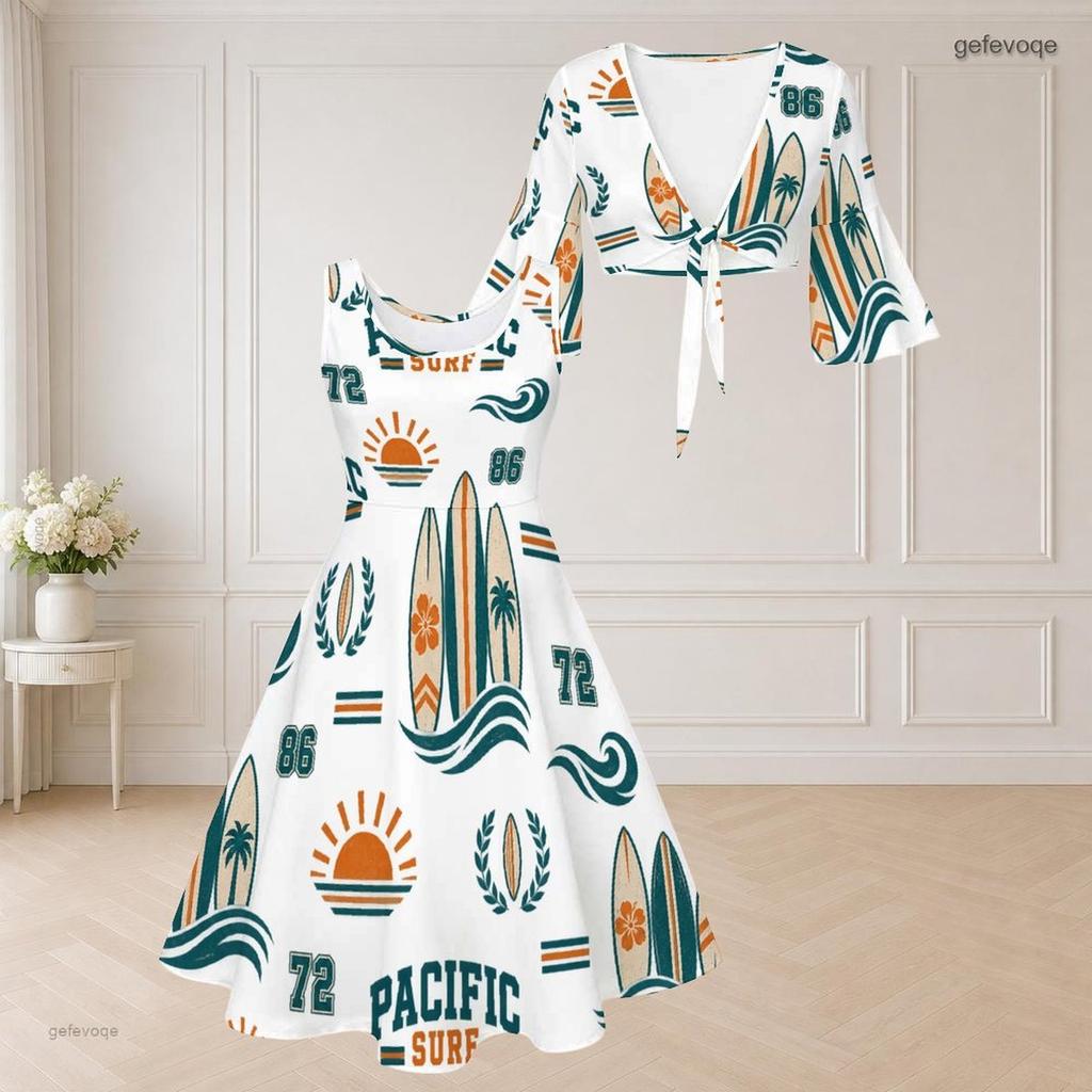 Women Plus Size Sleeveless Two Piece Midi Dress Set Tie Front V Neck 3 4 Sleeve Hiking Print White