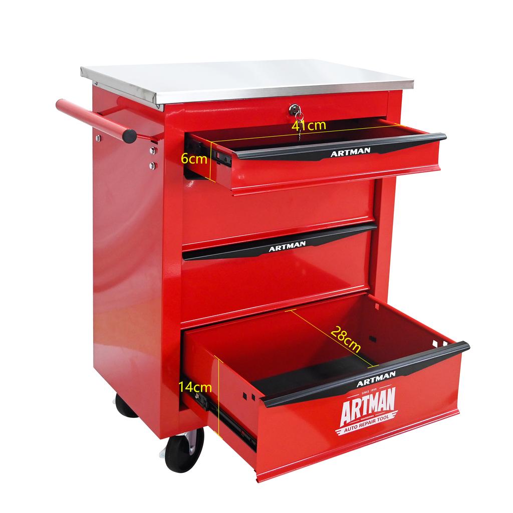 4-Drawer Multifunctional Tool Trolley with Casters, for Garage, Workshop, Warehouse and Repair Shop – with Stainless Steel Worktop – Color: Red
