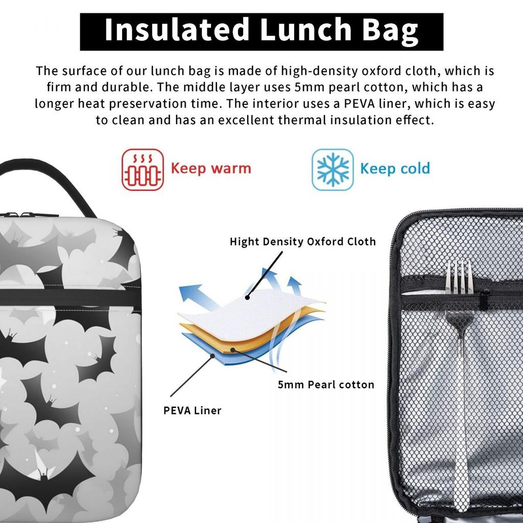 Chic Black And White Bat Insulated Lunch Bag for Kids School Cooler Thermal Food Box Tote Leakproof Lunch Boxes Container