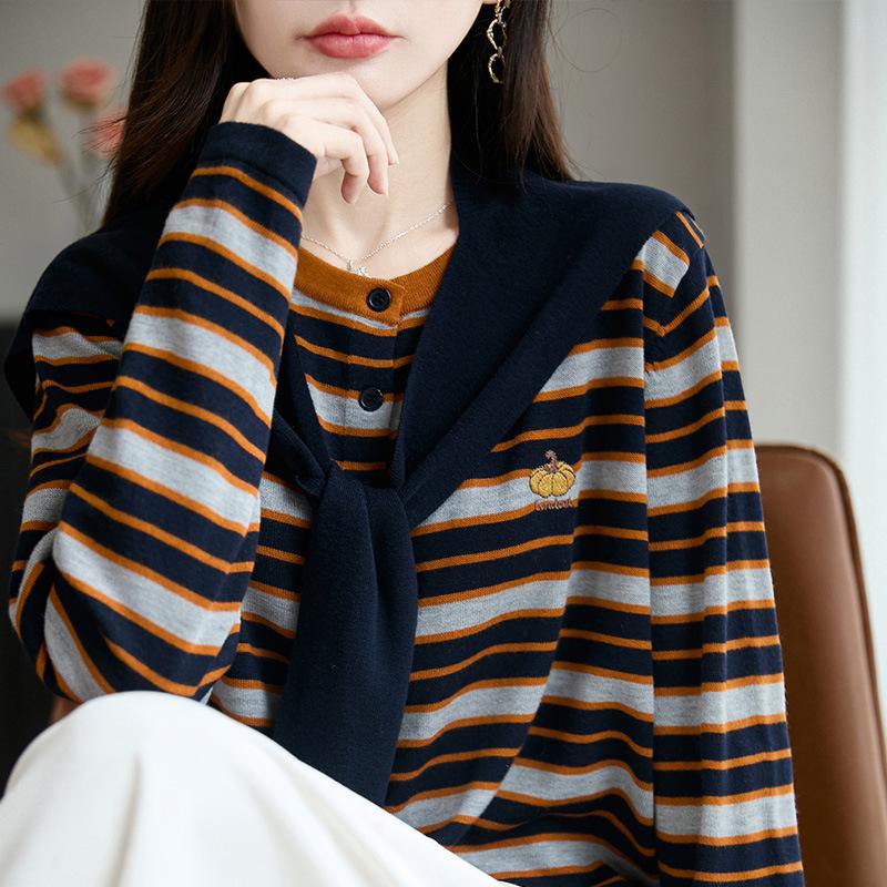 

Women s Retro Striped V-Neck Patchwork Cardigan Sweater - Long Sleeve, Fake Two-Piece. Perfect for Autumn/Winter. L