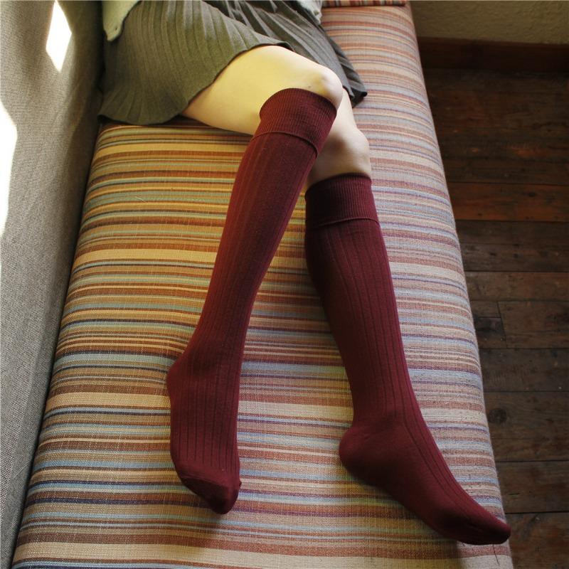 Chaussettes mi-mollet à rayures verticales et couleur unie pour l'automne et l'hiver, Chaussettes pour femmes, Longues chaussettes en coton montant jusqu'aux cuisses, Chaussettes hautes verticales