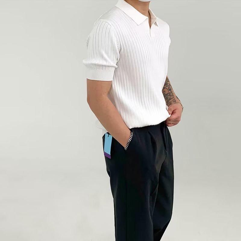 Striped Summer Knit Elastic Polo - Loose Fit Short Sleeve Shirt
