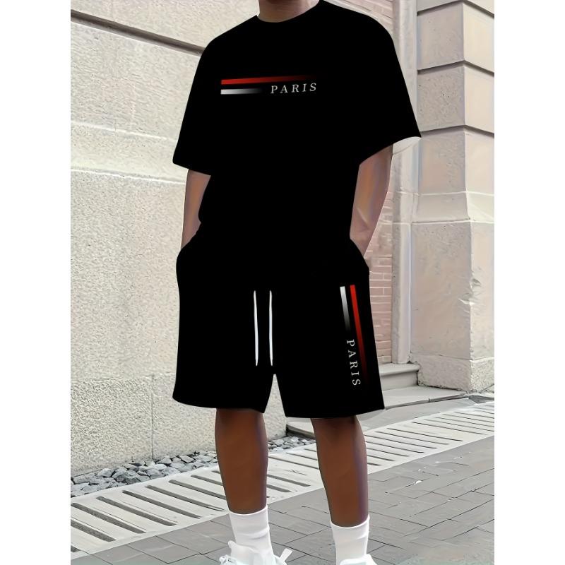 Sommer Einfarbiges T-Shirt und Shorts Set Buchstabendruck Kurzarm-Oberteil mit Kordelzug-Shorts Streetwear Herrenmode Sportbekleidung