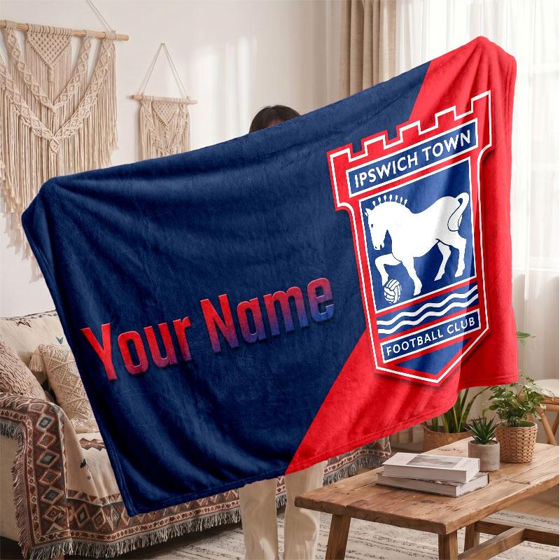 Ipswich Town Personalized Fleece Blanket With Football Logo, Custom Name Text Soft Warm Home Throw Blanket