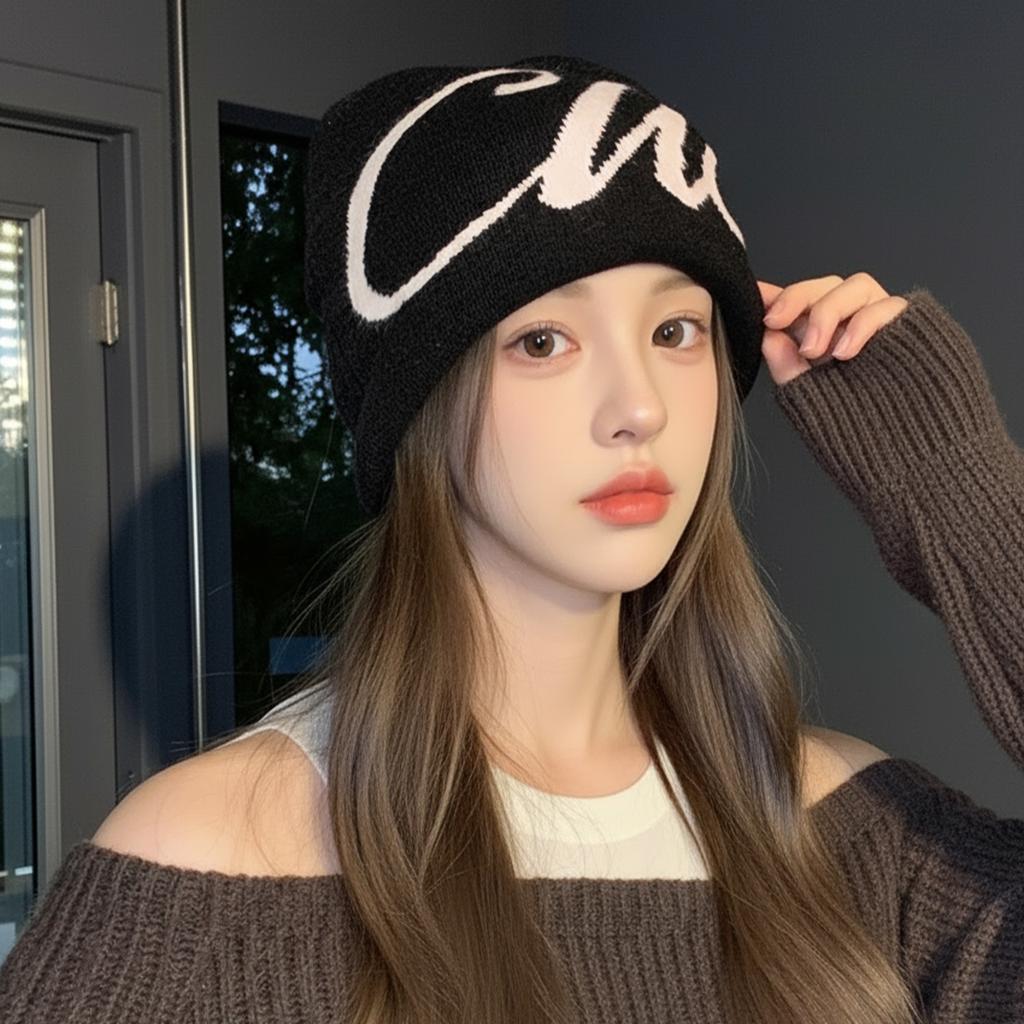 American-style Letter-patterned Knitted Beanie, Women's Warm Pull-on Hat, Men's Face-slimming Beanie, Cold-weather Hat