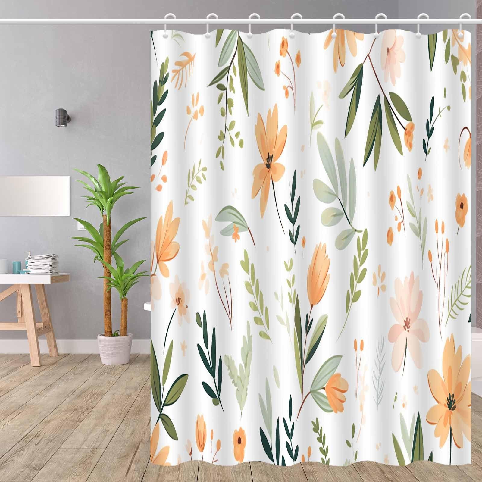 

Ботаническая Шторка для Душа с Листьями и Цветами, Машинная Стирка, Мягкий Пастельно-Зеленый/Оранжевый/Персиковый/Белый, Современный Декор для Ванной W90xH180cm