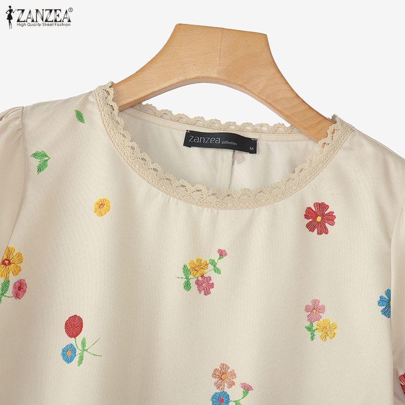ZANZEA Women Floral Print Casual Round Neck Short Sleeve Blouse