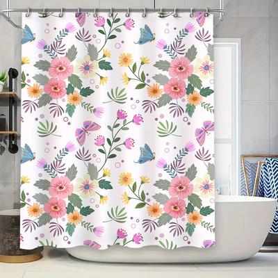 Lebendiger Badezimmer-Duschvorhang Rosa Gelbes Blumenmuster mit Schmetterlingen Wasserdichtes Gewebe für die Heimdekoration in Badezimmern